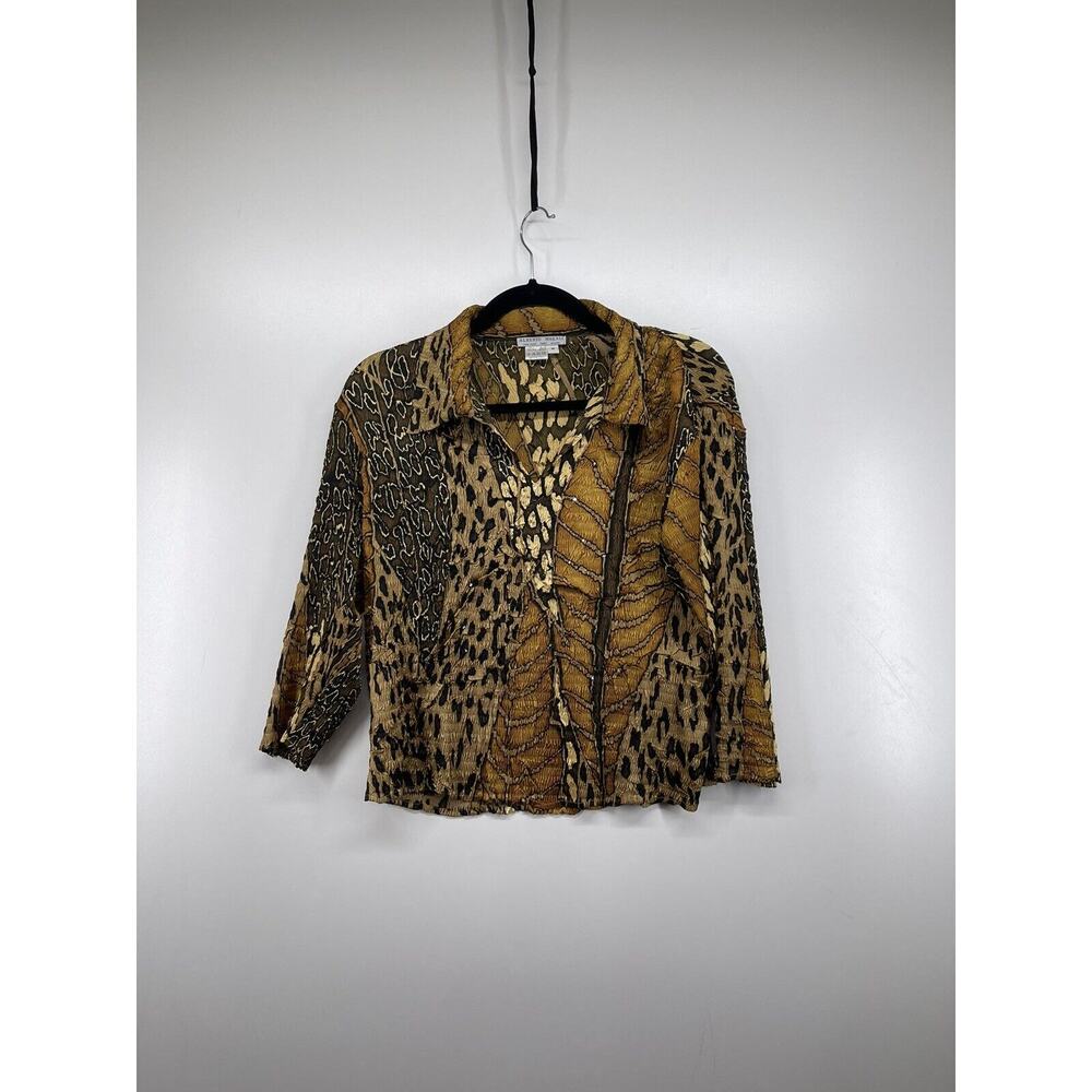 Alberto Makali Blouse Top Womens Gold Leopard Animal Print M‎ Stretch 3/4 Sleeve - Picture 2 of 10